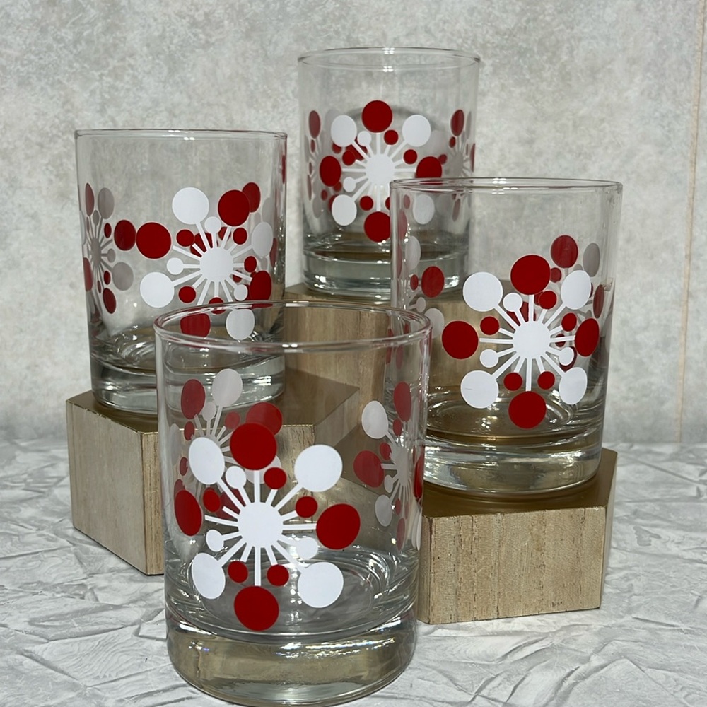 Set of 4 Crate&Barrel Atomic snowflake double old fashion glasses